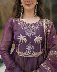 French Violet Crush Silk Embroidery Work Anarkali Suit With Dupatta