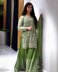 Dhani Green Georgette Embroidery Work Sharara Suit With Dupatta