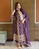 Exclusive Light Purple Chinon Silk Embroidery Work Pant Suit With Dupatta