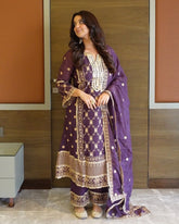 Exclusive Light Purple Chinon Silk Embroidery Work Pant Suit With Dupatta