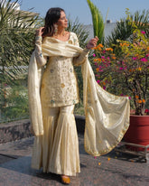 Exclusive Ivory Silk Embroidered Gharara Suit With Dupatta