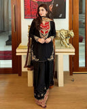 Ready To Wear Black Soft Georgette Embroidery Farshi Salwar Kurti With Dupatta