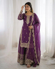 Exclusive Purple Green Simmer Silk Embroidery Palazo Kurti With Dupatta