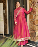 Exclusive Pink Roman Shimmer Silk Embroidery Anarkali Suit With Dupatta