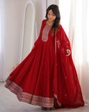Ready To Wear Red Pure Vichitra Silk Full Kali Embroidery Gown Pant With Dupatta