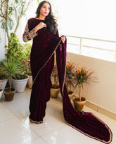Exclusive Wine Premium Velvet Embroidery Saree With Blouse