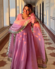 Exclusive Pink Taby Organza Silk Embroidery Anarkali Suit With Dupatta