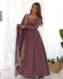Premium Lavender Chanderi Roman Silk Embroidery Anarkali Suit With Dupatta