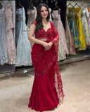 Ready To Wear Crimson Red Soft Butterfly Net Embroidery Lehenga Saree With Blouse