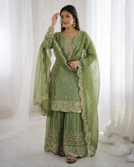 Exclusive Purple Green Simmer Silk Embroidery Palazo Kurti With Dupatta