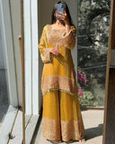 Exclusive Yellow And Green Frendy Silk Embroidery Palazo Kurti With Dupatta