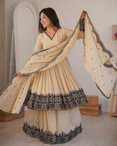 Premium Cream Premium Soft Georgette Embroidery Frock Palazo With Dupatta