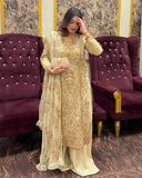 Exclusive Beige Gold Soft Georgette Zari Embroidery Palazo Kurti With Dupatta