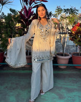 Ready To Wear White Rose Gold Real Mirror Work Kurti Palazo With Dupatta