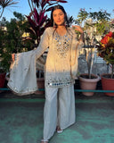 Ready To Wear White Rose Gold Real Mirror Work Kurti Palazo With Dupatta