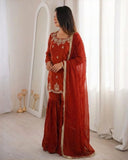 Ready To Wear Orange Chinon Silk Embroidery Sharara Kurti With Dupatta