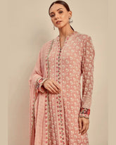Ready To Wear Pink Embroidered And Floral Borders In Kurta Set, It Comes With Matching Dupatta And Churidar Pants.
