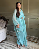 Ready To Wear Sky Blue Crunchy Silk Embroidery Farshi Salwar Suit With Dupatta