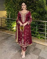 Ready To Wear Maroon Roman Glass Silk Embroidery Kurti Pant With Dupatta