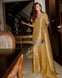 Ready To Wear Mustard Gold Pure Tissue Silk Embroidery Kurti Palazo With Dupatta