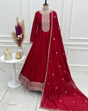 Ready To Wear Red Pure Vichitra Silk Full Kali Embroidery Gown Pant With Dupatta