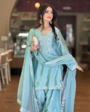 Ready To Wear Sky Blue Roman Glass Silk Farshi Salwar Kurti With Dupatta