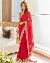 Ready To Wear Red Soft Georgette Embroidery Saree With Blouse