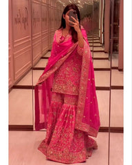 Ready To Wear Gajari Pure Georgette Embroidery Work Gharara Suit With Dupatta