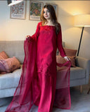 Ready To Wear Deep Wine Red Roman Silk Embroidery Farshi Salwar Kurti With Dupatta