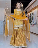 Ready To Wear Mustard Heavy Chinon Silk Embroidery Sharara Kurti With Dupatta