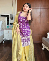Exclusive Yellow Purple Jacquard Silk Embroidery Palazo Kurti With Dupatta