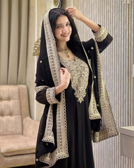 Exclusive Black Dark Pink Purple Soft Georgette Embroidery Gown Pant With Dupatta