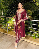 Ready To Wear Maroon Roman Glass Silk Embroidery Kurti Pant With Dupatta