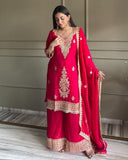 Ready To Wear Red And Blue Simmer Silk Palazo Kurti With Dupatta