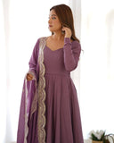 Premium Lavender Chanderi Roman Silk Embroidery Anarkali Suit With Dupatta