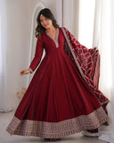 Premium Maroon Blooming Vichitra Silk Embroidery Anarkali Suit With Dupatta
