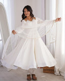Ready To Wear White Chanderi Roman Silk Anarkali Suit With Dupatta