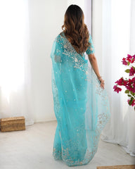 Exclusive Teal Blue Organza Silk Embroidery Saree With Blouse And Dupatta