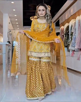 Ready To Wear Mustard Heavy Chinon Silk Embroidery Sharara Kurti With Dupatta