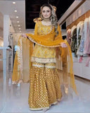 Ready To Wear Mustard Heavy Chinon Silk Embroidery Sharara Kurti With Dupatta