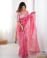 Premium Pink And Sky Premium Gold Crush Embroidery Saree With Blouse