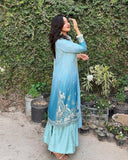 Ready To Wear Sky Blue Chinon Silk Embroidery Kurti Palazo With Dupatta