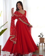 Ready To Wear Red Faux Georgette Sequence Work Anarkali Gown With Dupatta