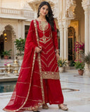 Ready To Wear Red Fendy Silk Embroidery Kurti Palazo With Dupatta