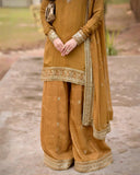 Ready To Wear Mustard Mul Chanderi Embroidery Palazo Kurti With Dupatta