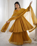Exclusive Yellow Mehendi Maroon Crunchy Silk Embroidery Frock Palazo With Dupatta
