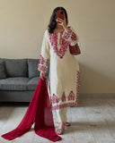 Ready To Wear Red Cream Black Roman Silk Kurti Pant With Dupatta