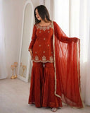 Ready To Wear Orange Chinon Silk Embroidery Sharara Kurti With Dupatta