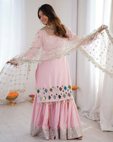 Ready To Wear Pink Premium French Silk Embroidery Sharara Kurti With Dupatta