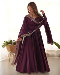 Exclusive Wine Chanderi Roman Silk Embroidery Anarkali Suit With Dupatta